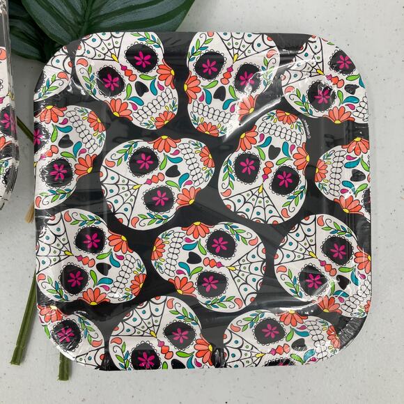 Unique Black Sugar Skull Day Of The Dead Halloween Party Paper Desert Plates Set - Picture 4 of 4